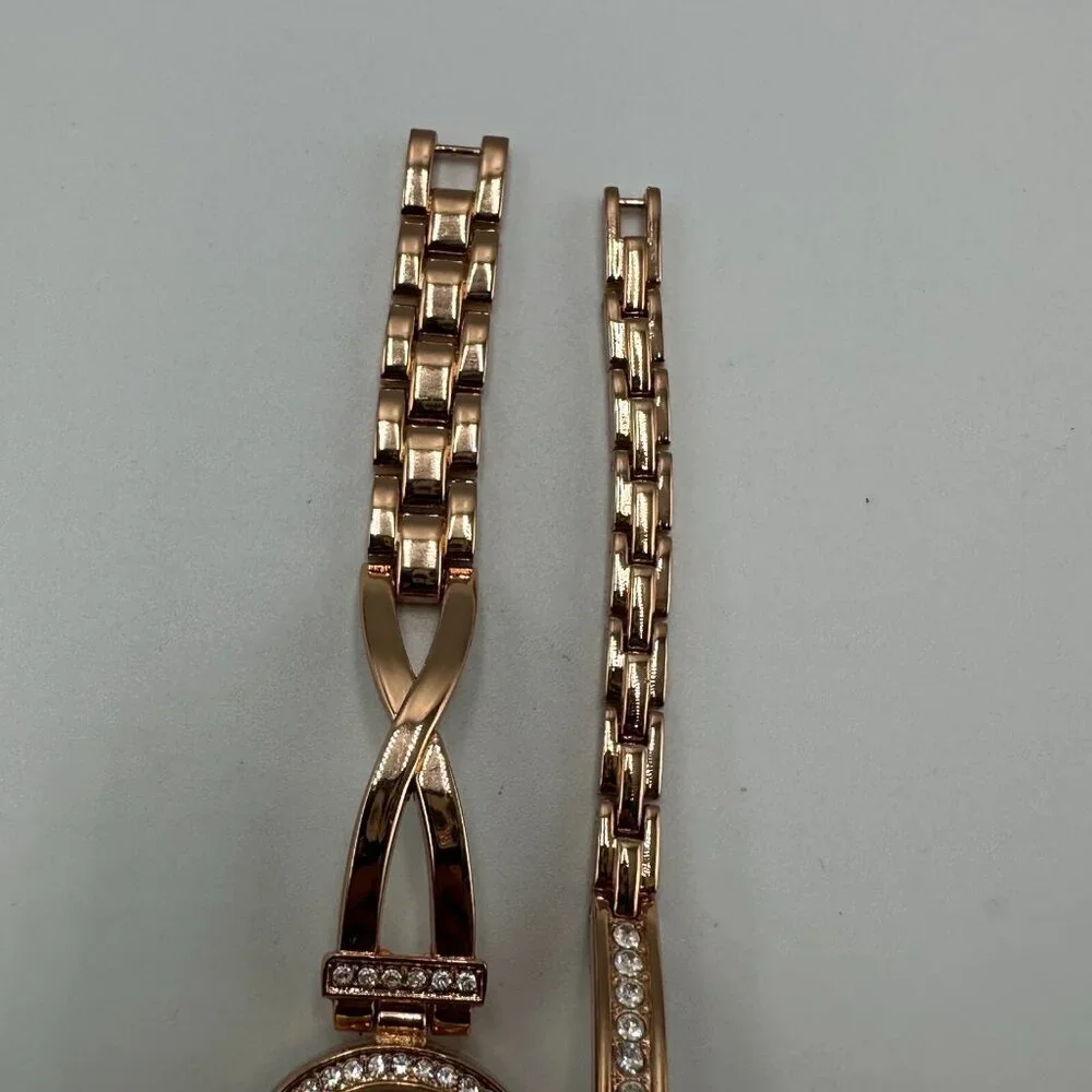 Rhinestone Watch Matching Bracelet Set Women Rose Gold Tone New Battery 7.25